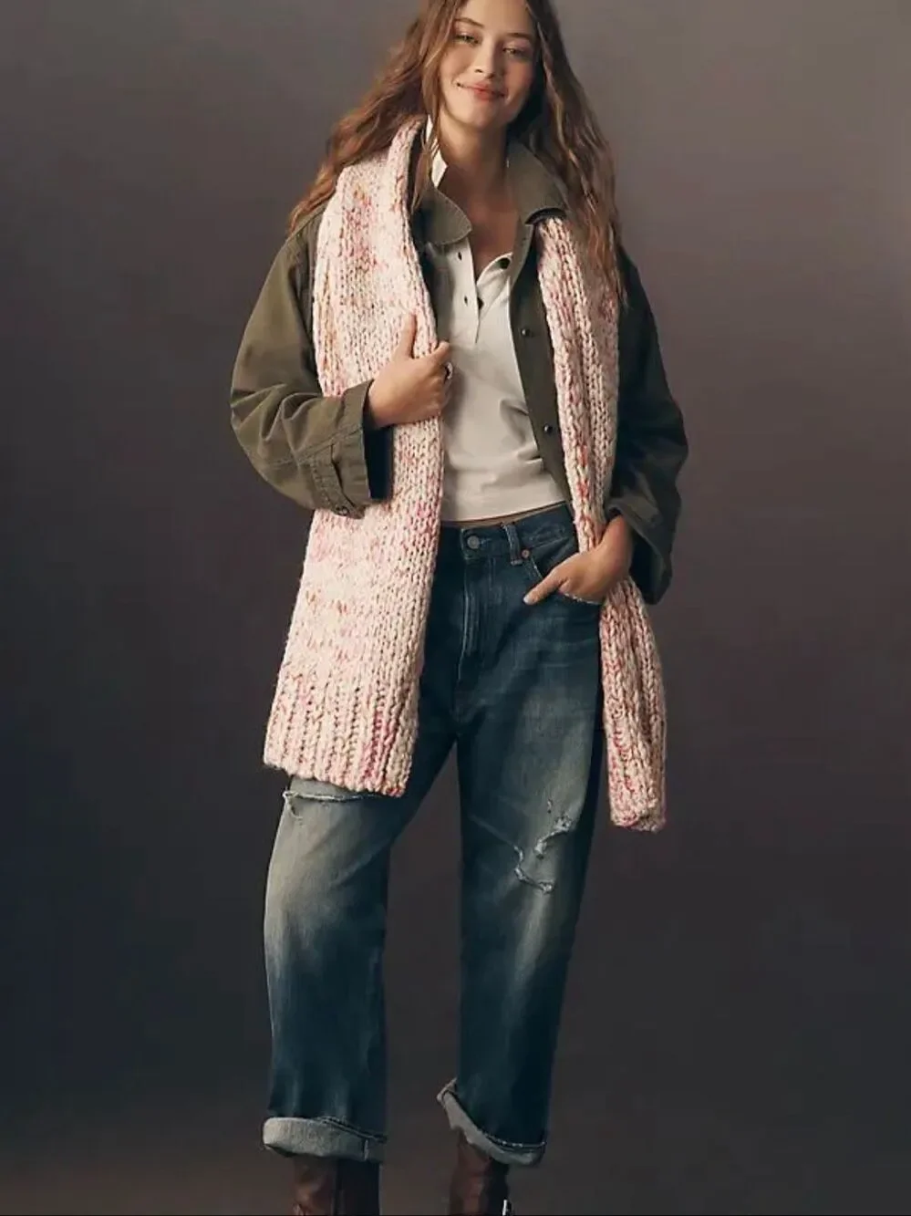 Anthropologie Chunky Yarn Knit Fringe Scarf Pink NWT One Size confetti